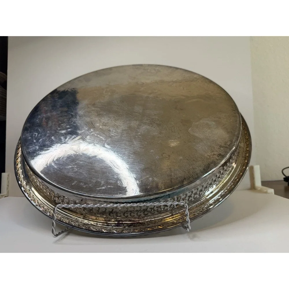 Silverplate Tray/ Scroll Etching Raised Rim Pierced Design 15.8
